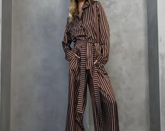 Chocolate Satin Silk Two-Piece Set, Striped Wide Leg Pants, Belted Blouse (One Size)