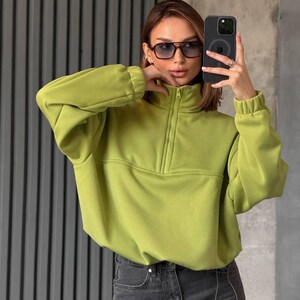 Olive Oversized Hoodie with Half Zip, Cotton Intersoft Fleece Sweatshirt, Relaxed Fit Cozy Streetwear