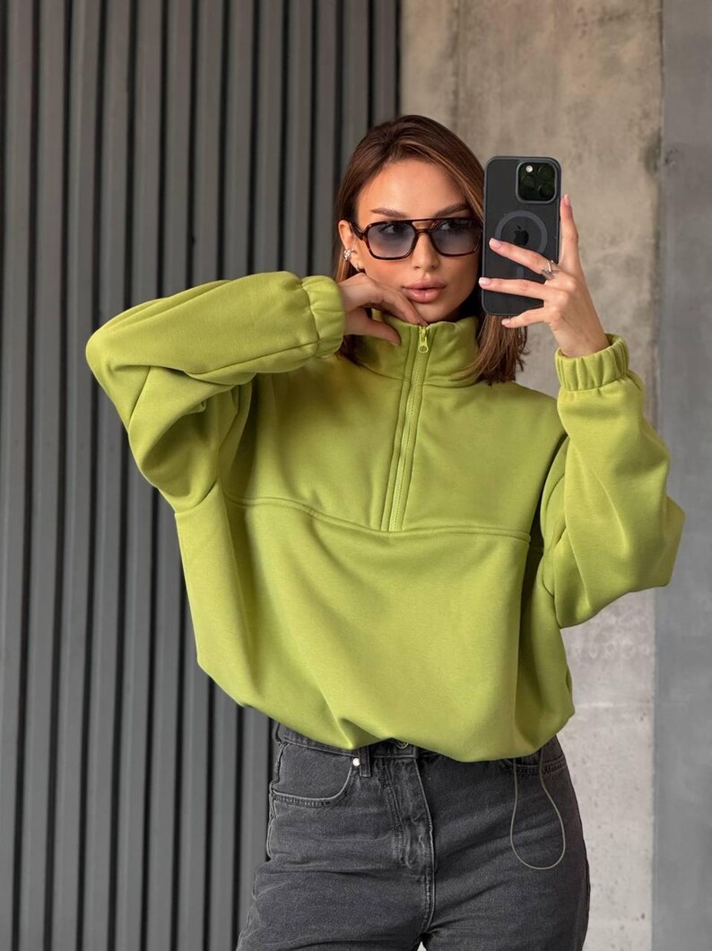 Olive Oversized Hoodie with Half Zip, Cotton Intersoft Fleece Sweatshirt, Relaxed Fit Cozy Streetwear