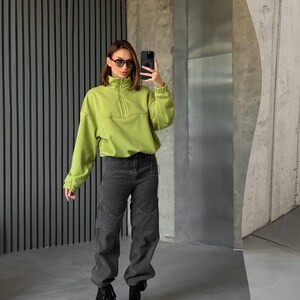Olive Oversized Hoodie with Half Zip, Cotton Intersoft Fleece Sweatshirt, Relaxed Fit Cozy Streetwear