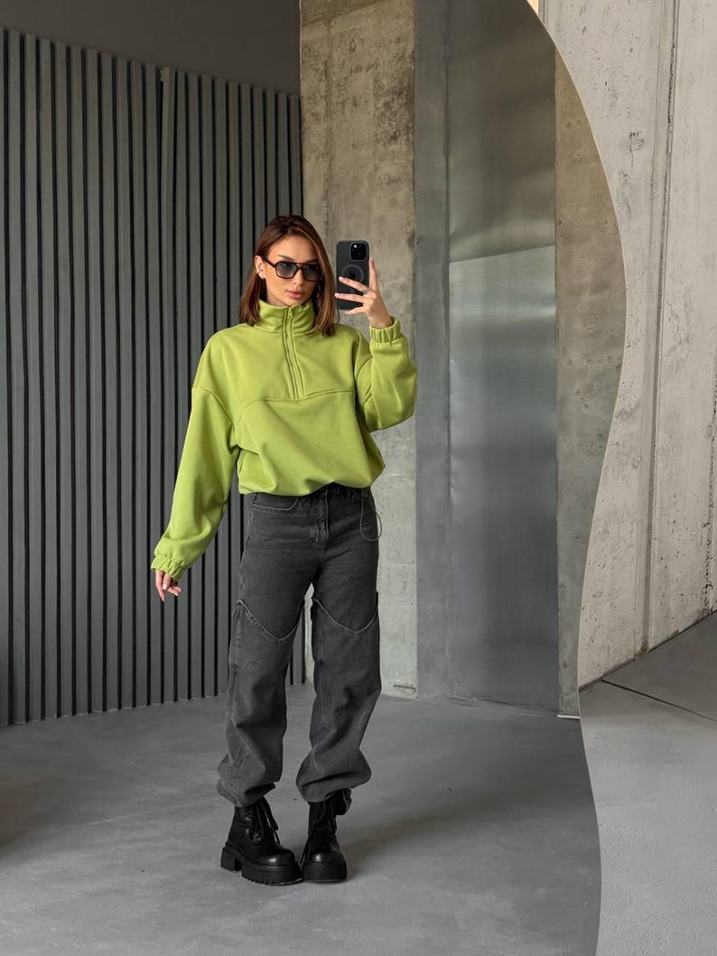 Olive Oversized Hoodie with Half Zip, Cotton Intersoft Fleece Sweatshirt, Relaxed Fit Cozy Streetwear