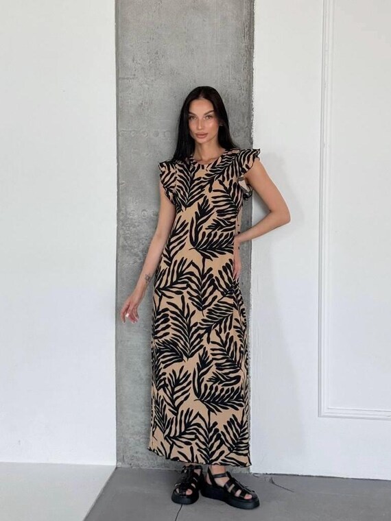 chinese dress ladies Elegant Tropical Leaf Print Long Sleeve Maxi Dress main image 0