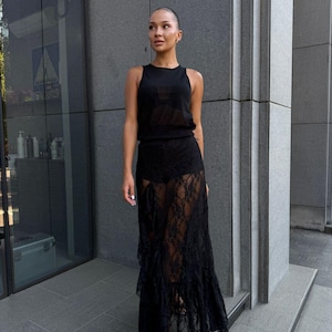 Black Lace Midi Skirt Set with Shorts - Elegant Two Piece Outfit - Boho Wedding Guest Dress - Summer Party Wear Fashion