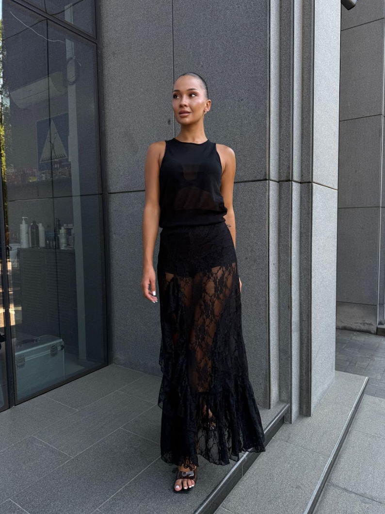 Black Lace Midi Skirt Set with Shorts - Elegant Two Piece Outfit - Boho Wedding Guest Dress - Summer Party Wear Fashion