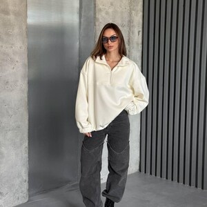 Ivory Oversized Hoodie with Half Zip, Cotton Intersoft Fleece Sweatshirt, Relaxed Fit Cozy Streetwear