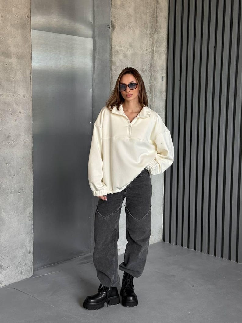 Ivory Oversized Hoodie with Half Zip, Cotton Intersoft Fleece Sweatshirt, Relaxed Fit Cozy Streetwear