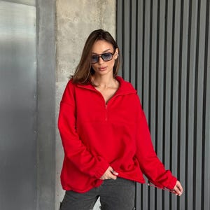 red Oversized Hoodie with Half Zip, Cotton Intersoft Fleece Sweatshirt, Relaxed Fit Cozy Streetwear