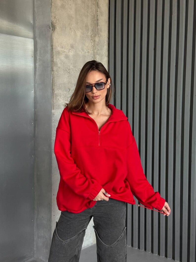 red Oversized Hoodie with Half Zip, Cotton Intersoft Fleece Sweatshirt, Relaxed Fit Cozy Streetwear