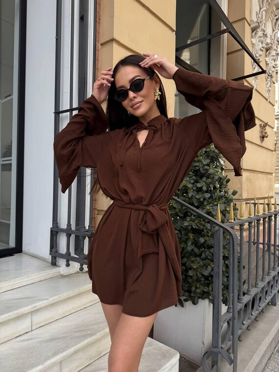 slim fit dress slacks Nellie Mini Dress Brown Polka Dot main image 1