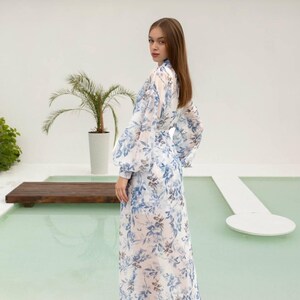 Boho Blue Floral Kimono and Shorts Set – Sheer Lightweight Cover-Up with Double Shorts – Vacation Beach Outfit – Tencel Loungewear for Women