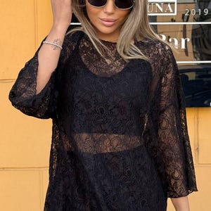 Oversized Sheer Lace Blouse in Black – See-Through Tunic Top for Women, Soft Mesh Fabric