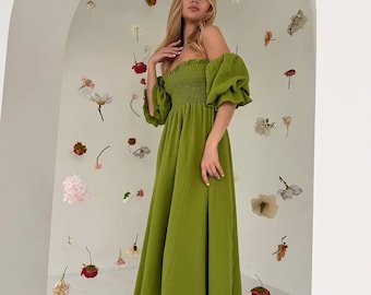Vestido midi de muselina color oliva con hombros descubiertos para mujer – Elegante vestido de verano sin tirantes con mangas abullonadas y fruncido