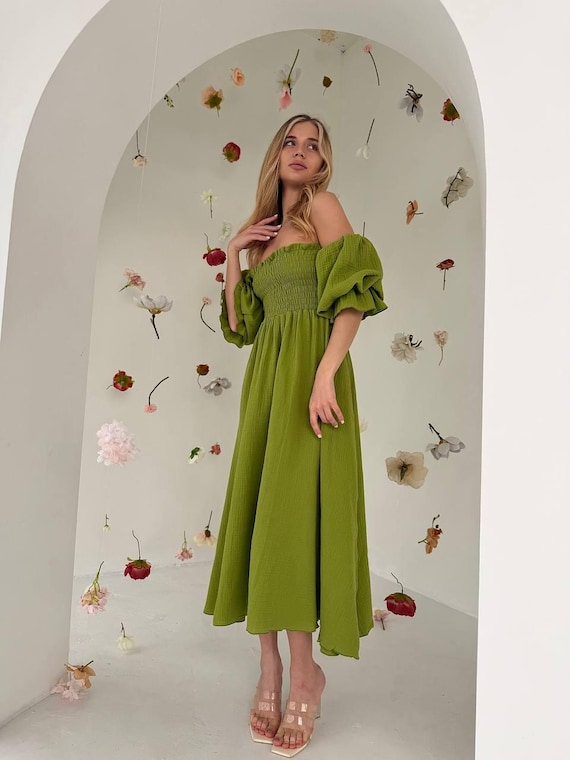 off shoulder summer midi dress Olive Muslin Off Shoulder Midi Dress Women – Smocked Strapless Puff Sleeve  Elegant Summer Dress