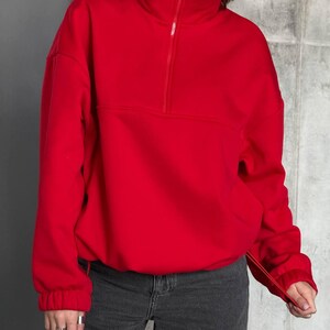 red Oversized Hoodie with Half Zip, Cotton Intersoft Fleece Sweatshirt, Relaxed Fit Cozy Streetwear