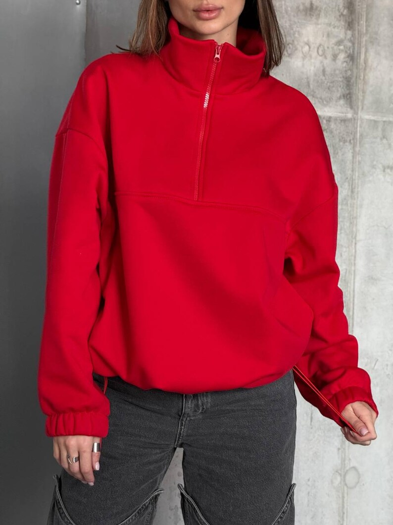 red Oversized Hoodie with Half Zip, Cotton Intersoft Fleece Sweatshirt, Relaxed Fit Cozy Streetwear
