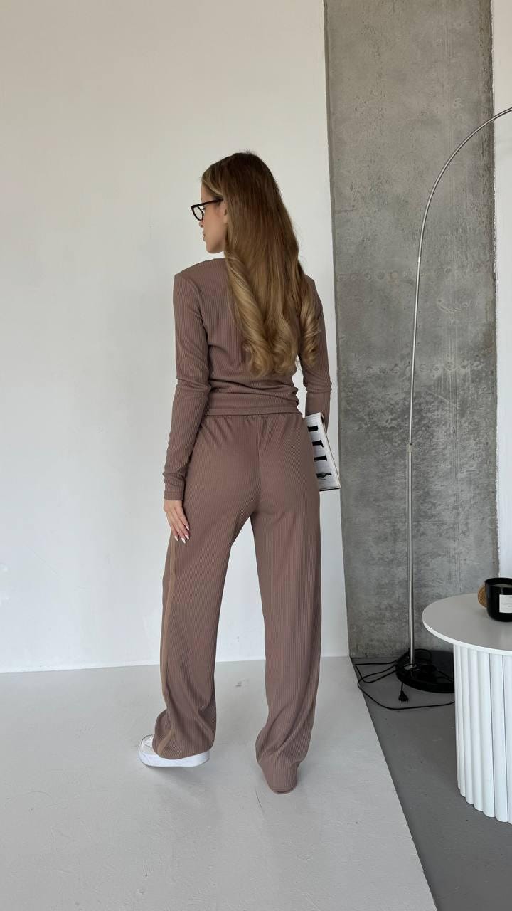 Lounge Set: Chocolate Ribbed Knit - Long Sleeve Top & Wide Pants