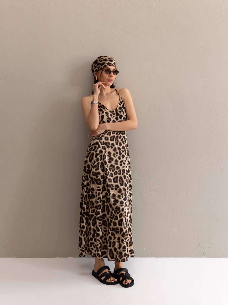 silk leopard slip dress Leopard Silk Maxi Dress Women Animal Print Slip Dress with Head Scarf Summer Vacation Outfit