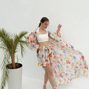 Boho Floral Kimono and Shorts Set – Sheer Lightweight Cover-Up with Double Shorts – Vacation Beach Outfit – Tencel Loungewear for Women