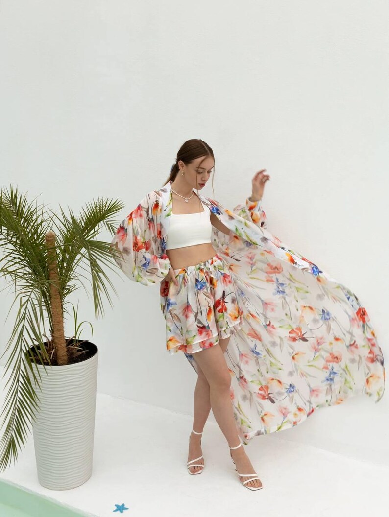 Boho Floral Kimono and Shorts Set – Sheer Lightweight Cover-Up with Double Shorts – Vacation Beach Outfit – Tencel Loungewear for Women