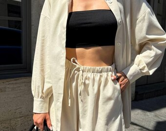 Beige Linen Shorts Set: Handmade Women's Loungewear