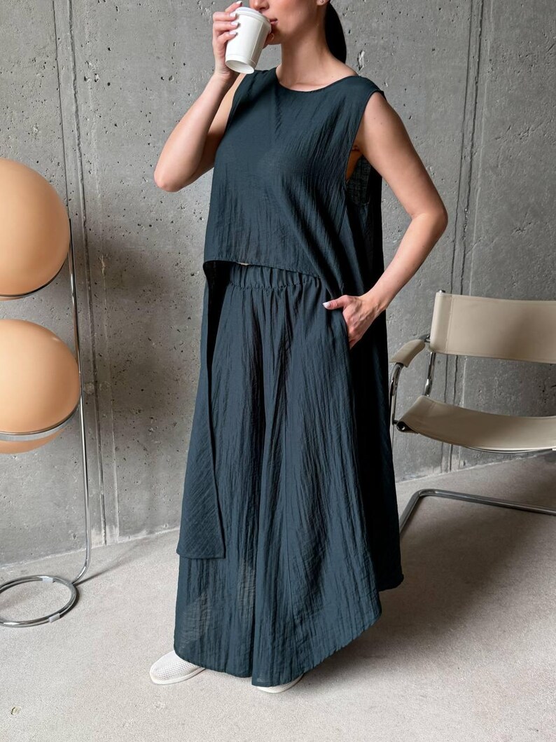 Emerald Viscose Tencel Set, Wide Leg Palazzo Pants Outfit, Oversized Sleeveless Tunic, Minimalist Summer Co Ord, Resort Wear