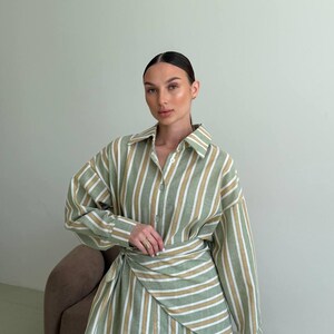 Olive Linen Stripe Set: Oversized Shirt and Wide Leg Pants