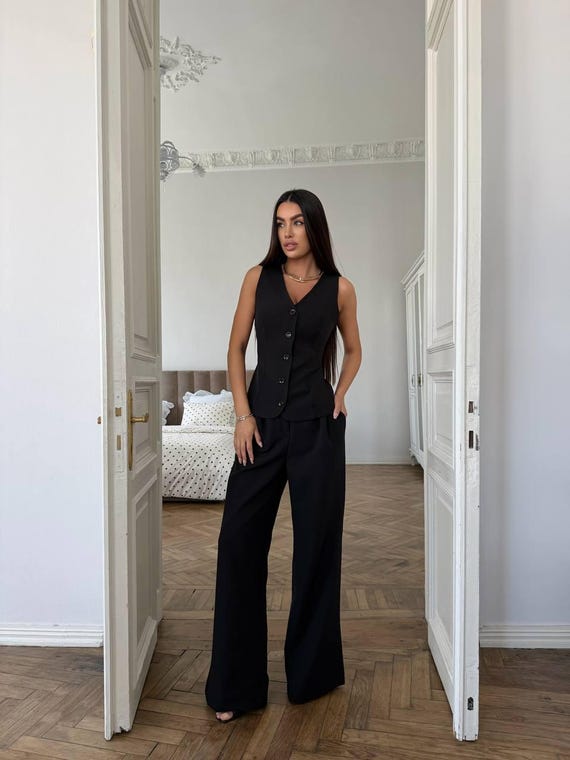 black dress pants grey vest Tailored and Wide Leg Set (lace-up Back, High Waist) Color:Deep Black carpet sophistication—perfect for weddings latest dresses for ladies Red Dresses For Birthday