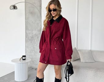 Burgundy Suede Parka: Eco Leather Collar Drawstring Waist Jacket