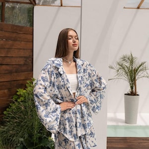 Linen Skort Set: Blue Toile de Jouy Print - Boho Two-Piece Outfit