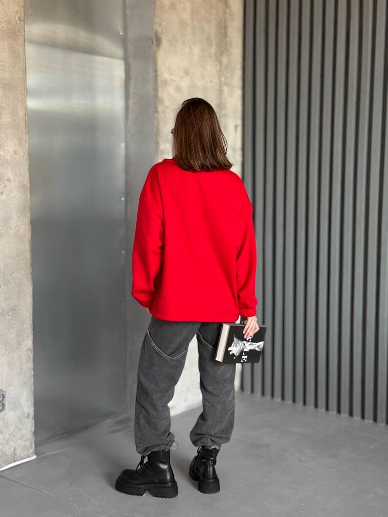 red Oversized Hoodie with Half Zip, Cotton Intersoft Fleece Sweatshirt, Relaxed Fit Cozy Streetwear