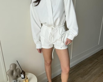 Conjunto de blazer y shorts color blanco leche, chaqueta corta, cintura alta (XS–M)