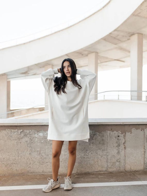 oversized white sweatshirt dress Sweatshirt Dress, Cotton Maxi Hoodie, Raw Seam Piece, Minimalist  Streetwear, Long Hoodie With Slits