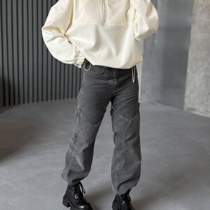 Ivory Oversized Hoodie with Half Zip, Cotton Intersoft Fleece Sweatshirt, Relaxed Fit Cozy Streetwear