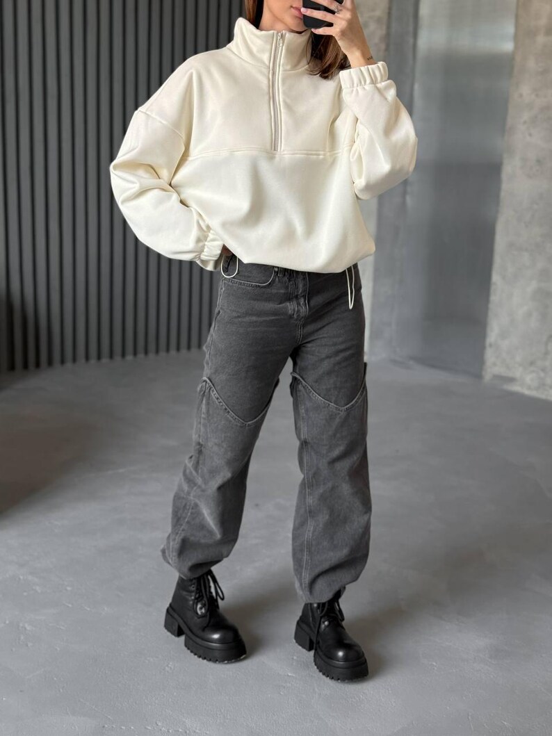 Ivory Oversized Hoodie with Half Zip, Cotton Intersoft Fleece Sweatshirt, Relaxed Fit Cozy Streetwear