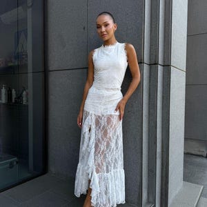 White Lace Midi Skirt Set with Shorts - Elegant Two Piece Outfit - Boho Wedding Guest Dress - Summer Party Wear Fashion