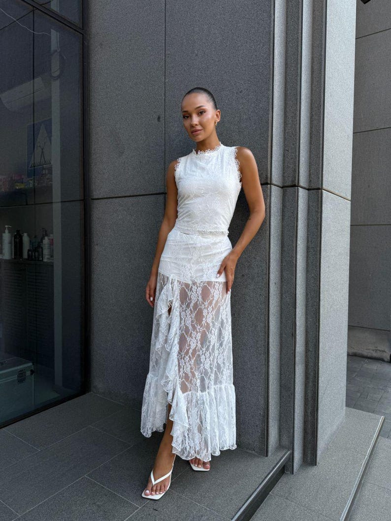 White Lace Midi Skirt Set with Shorts - Elegant Two Piece Outfit - Boho Wedding Guest Dress - Summer Party Wear Fashion