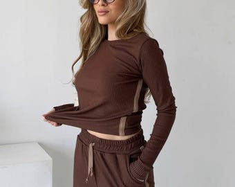 Chocolate Ribbed Knit Lounge Set: Long Sleeve Top & Wide Pants - Etsy