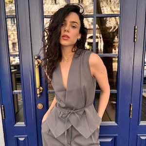 Grey Palazzo Pants Suit: Sleeveless Waistcoat, Belted Minimalist Outfit