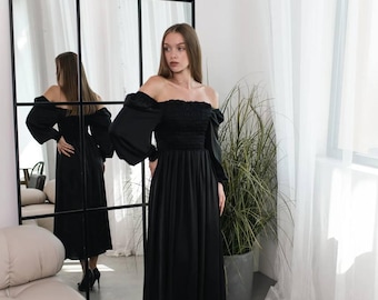 Black Silk Off-Shoulder Dress: Elegant Long Sleeve Midi Gown