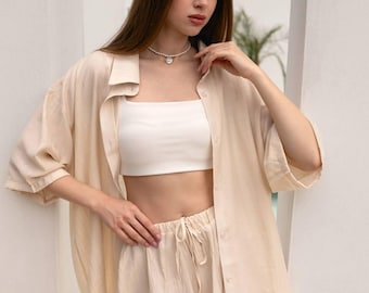 Linen Blend Summer Set, Button-Up Shirt & Shorts (One Size Fits S-L)