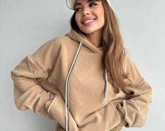 Conjunto deportivo de polar beige para mujer: ropa de estar por casa cálida y de doble cara con sudadera y pantalones deportivos.