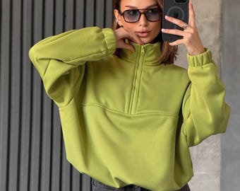 Oversized Hoodie: Olive Cotton Fleece (Half Zip, Relaxed Fit)