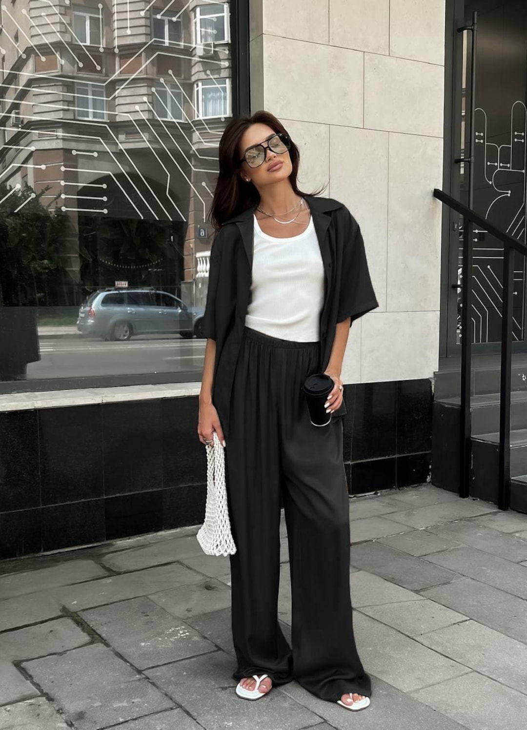 Pantalon Ancho Ropa Holgada Para Mujer Negra Conjunto De Dos