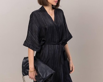 Black Wet Silk Two-Piece Set: Belted Blouse & Flowing Pants