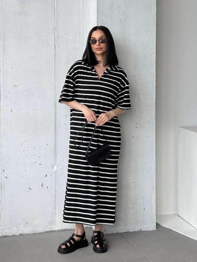 Pre-Order Black Stripe Half Placket Polo T Shirt Dress main image 1