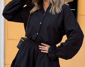 2-Piece Summer Set: Black Eyelet Cotton - Loose Fit, Ruffled Details