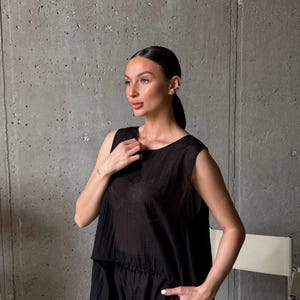 Black Viscose Tencel Set, Wide Leg Palazzo Pants Outfit, Oversized Sleeveless Tunic, Minimalist Summer Co Ord, Resort Wear