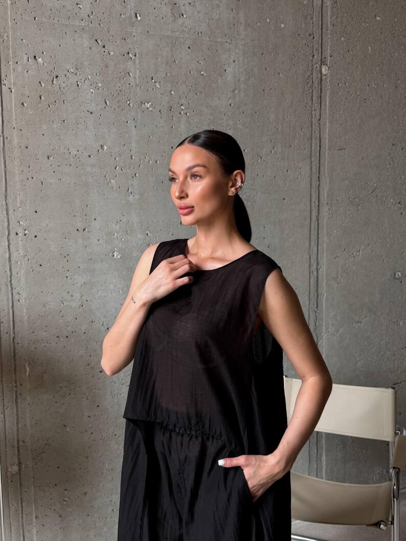 Black Viscose Tencel Set, Wide Leg Palazzo Pants Outfit, Oversized Sleeveless Tunic, Minimalist Summer Co Ord, Resort Wear