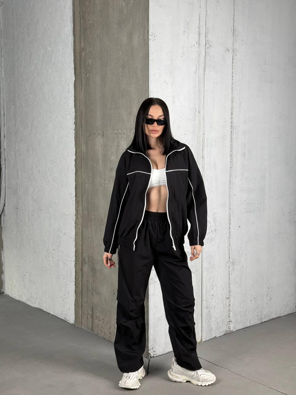 Black Windbreaker Tracksuit: CRASH Fabric Zip Jacket & Wide Pants