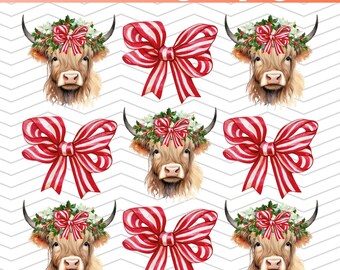 Coquette Christmas Highland Cows PNG, File digitale di Natale con animali da fattoria, Corona di Natale con mucca delle Highland PNG, Vischio, Trendy PNG